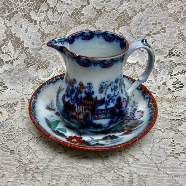 Antique Flow Blue Willow Variant Gaudy Willow, E.M. Co. England, 2pc Creamer Set