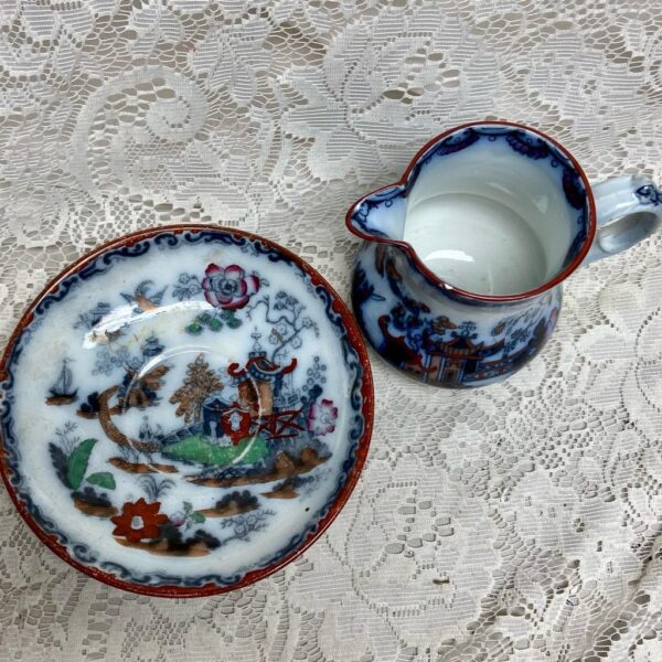 Antique Flow Blue Willow Variant Gaudy Willow, E.M. Co. England, 2pc Creamer Set