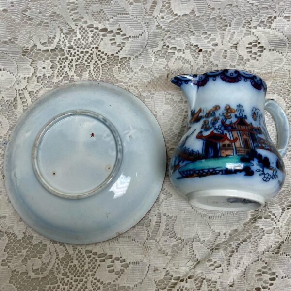 Antique Flow Blue Willow Variant Gaudy Willow, E.M. Co. England, 2pc Creamer Set