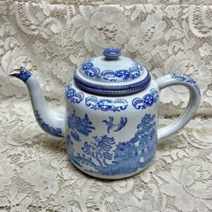 Antique, Rare, Blue Willow Enamelware Teapot or Tea Kettle 10in W x 7.5in H