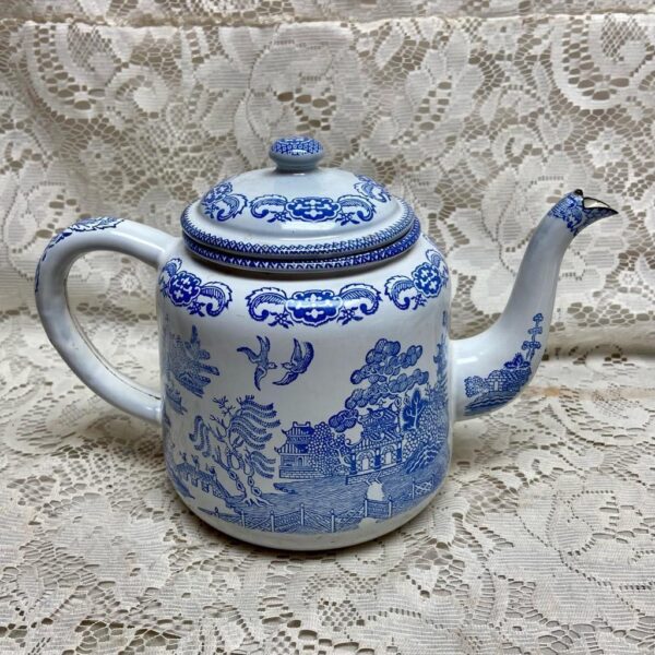 Antique, Rare, Blue Willow Enamelware Teapot or Tea Kettle 10in W x 7.5in H