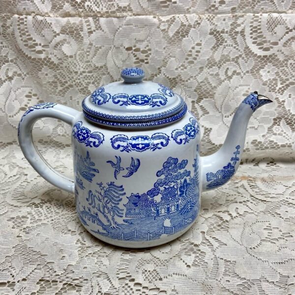 Antique, Rare, Blue Willow Enamelware Teapot or Tea Kettle 10in W x 7.5in H