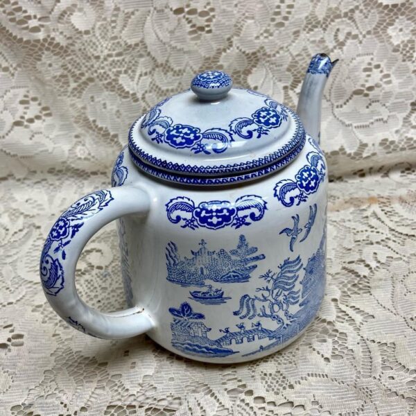 Antique, Rare, Blue Willow Enamelware Teapot or Tea Kettle 10in W x 7.5in H