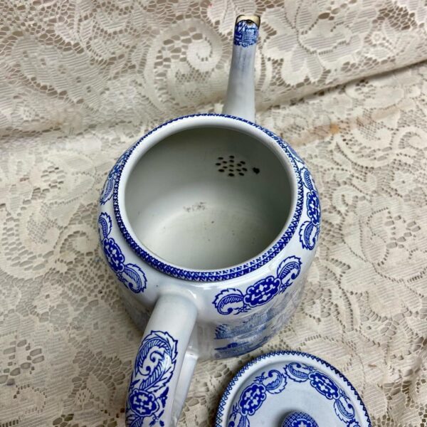 Antique, Rare, Blue Willow Enamelware Teapot or Tea Kettle 10in W x 7.5in H