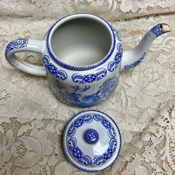 Antique, Rare, Blue Willow Enamelware Teapot or Tea Kettle 10in W x 7.5in H