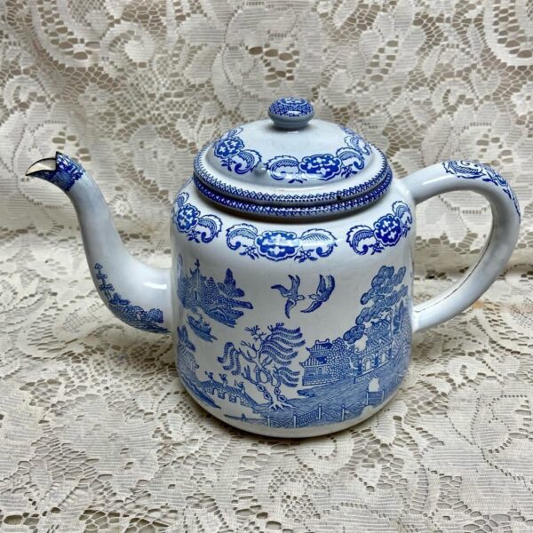 Antique, Rare, Blue Willow Enamelware Teapot or Tea Kettle 10in W x 7.5in H