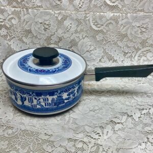 Blue Willow, Enamelware Cookware- Covered Sauce Pan(M) 14inL x 8inD x 5.5inH