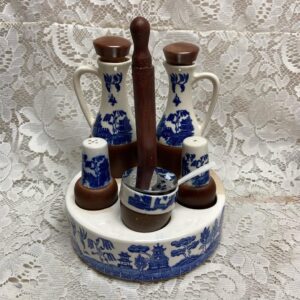 Vintage, Rare, Japan 11pc Blue Willow Condiment Set with Wooden Handle