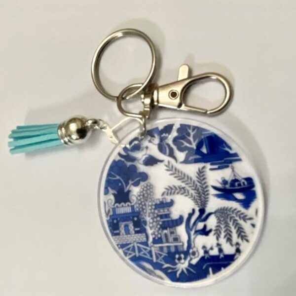 Blue Willow Keychain with Tassel 5.5 in L