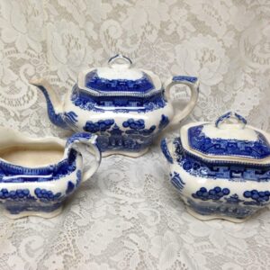 Vintage, Rare, 1911 Buffalo Pottery, 5-pc Blue Willow Tea Set