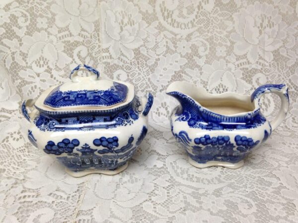 Vintage, Rare, 1911 Buffalo Pottery, 5-pc Blue Willow Tea Set