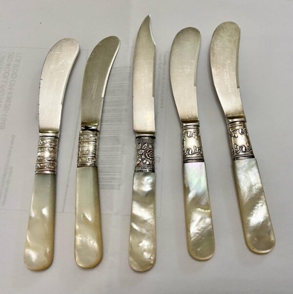 Antique, Meriden and Landers Sterling Silver-Mother of Pear, 5pc Butter Knives