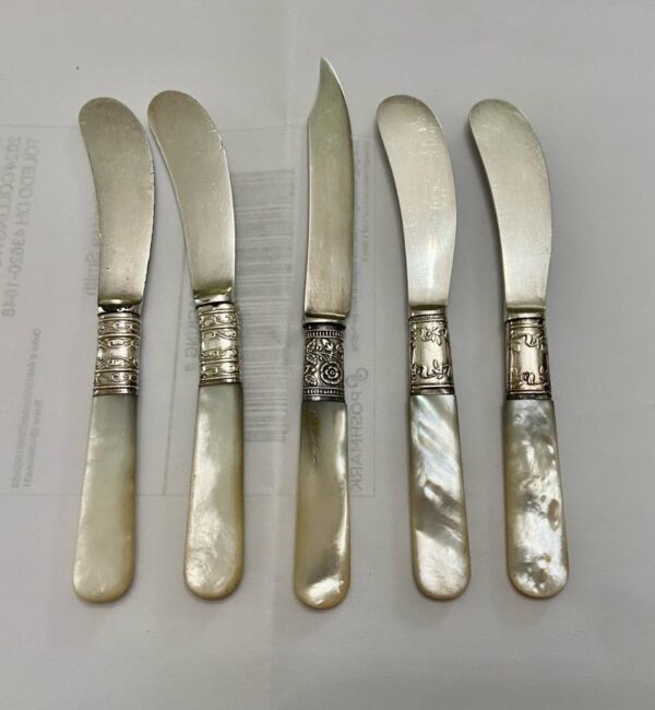 Antique, Meriden and Landers Sterling Silver-Mother of Pear, 5pc Butter Knives