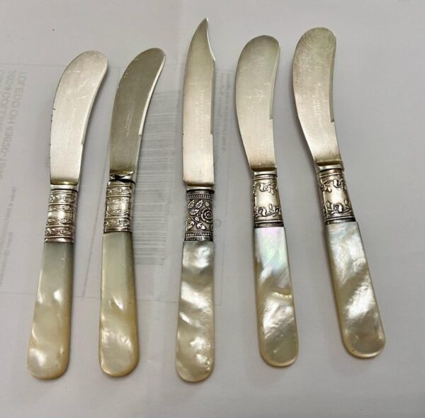 Antique, Meriden and Landers Sterling Silver-Mother of Pear, 5pc Butter Knives