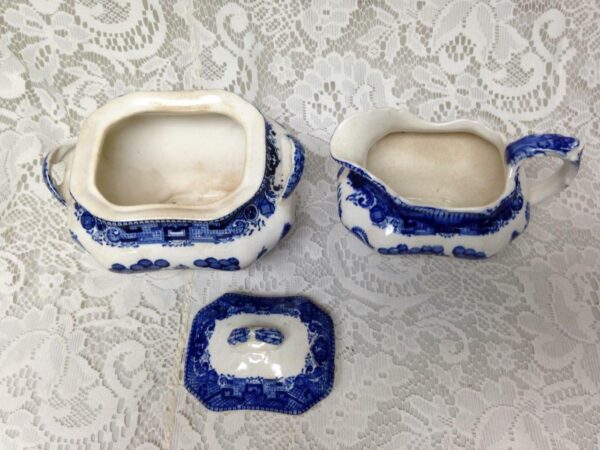 Vintage, Rare, 1911 Buffalo Pottery, 5-pc Blue Willow Tea Set