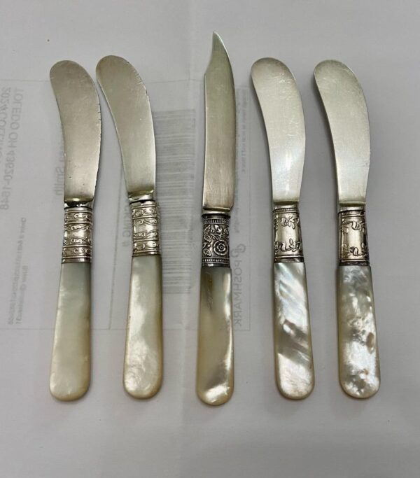 Antique, Meriden and Landers Sterling Silver-Mother of Pear, 5pc Butter Knives