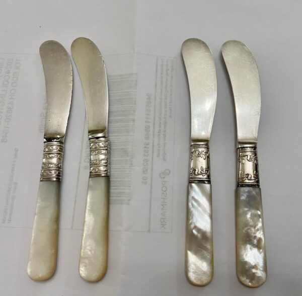 Antique, Meriden and Landers Sterling Silver-Mother of Pear, 5pc Butter Knives