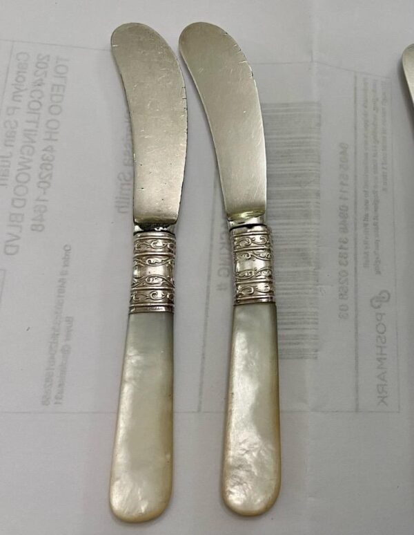 Antique, Meriden and Landers Sterling Silver-Mother of Pear, 5pc Butter Knives