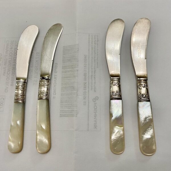 Antique, Meriden and Landers Sterling Silver-Mother of Pear, 5pc Butter Knives