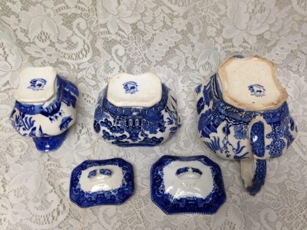 Vintage, Rare, 1911 Buffalo Pottery, 5-pc Blue Willow Tea Set