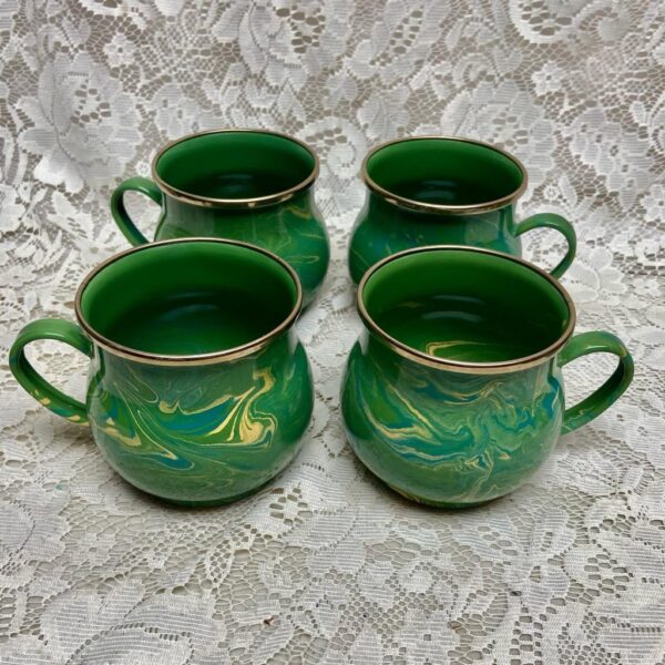 1995 Camp MacKenzie Childs Ltd., Green Marble Enamelware, 4pcTea-Coffee Mugs