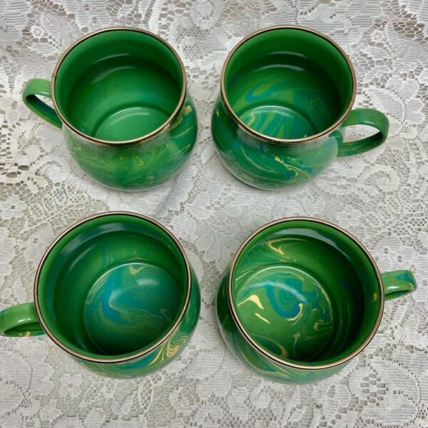 1995 Camp MacKenzie Childs Ltd., Green Marble Enamelware, 4pcTea-Coffee Mugs