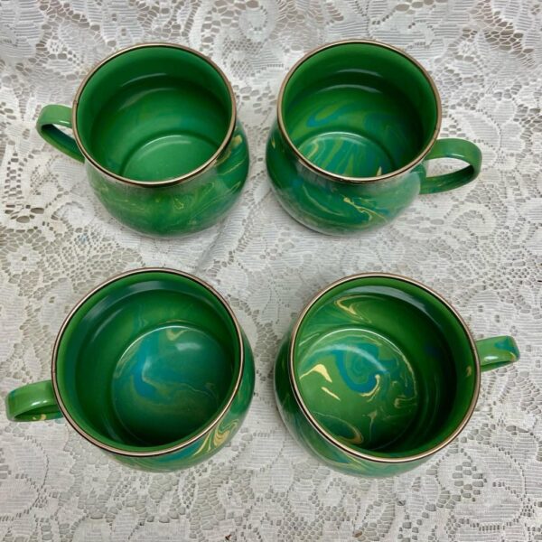 1995 Camp MacKenzie Childs Ltd., Green Marble Enamelware, 4pcTea-Coffee Mugs