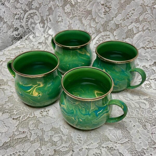 1995 Camp MacKenzie Childs Ltd., Green Marble Enamelware, 4pcTea-Coffee Mugs