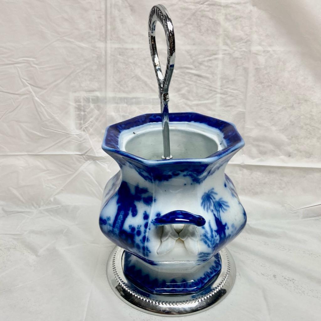 Vintage Flow Blue Willow Flower Vase or Flatware Caddy with Chrome Stand