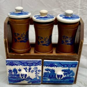 Vintage, Rare, Japan, 9-pc Blue Willow Shaker Set with Wooden Rack