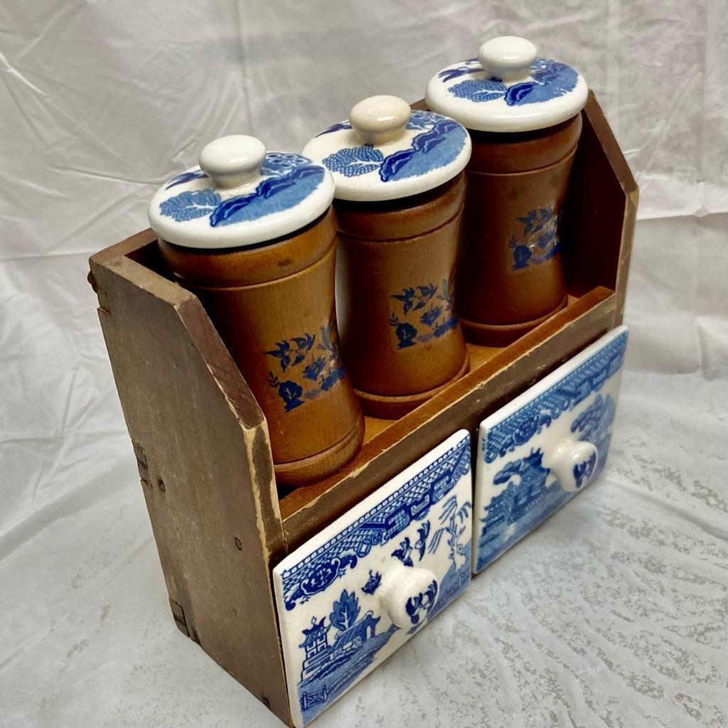 Vintage, Rare, Japan, 9-pc Blue Willow Shaker Set with Wooden Rack