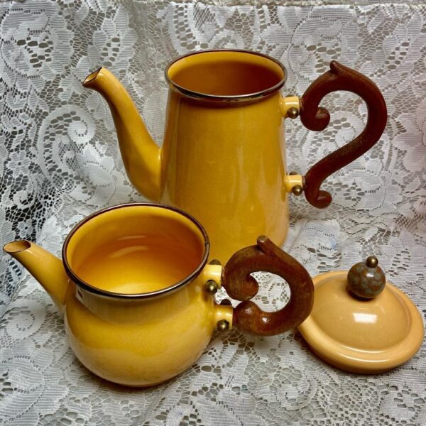 1995 Camp MacKenzie Childs Ltd., Dark Yellow Enamelware, 3pcTea or CampSet