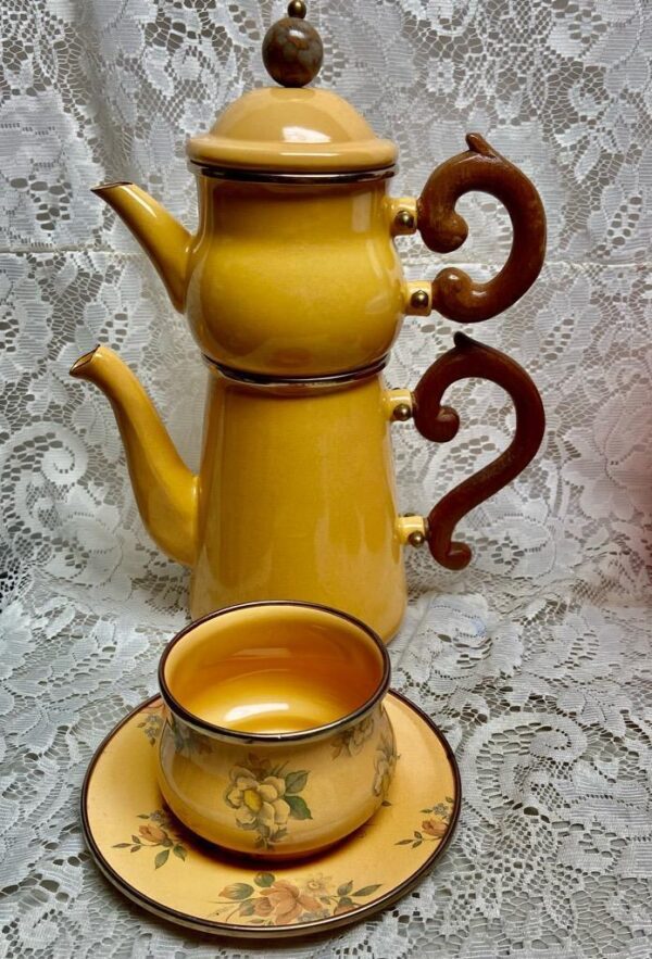 1995 Camp MacKenzie Childs Ltd., Dark Yellow Enamelware, 3pcTea or CampSet