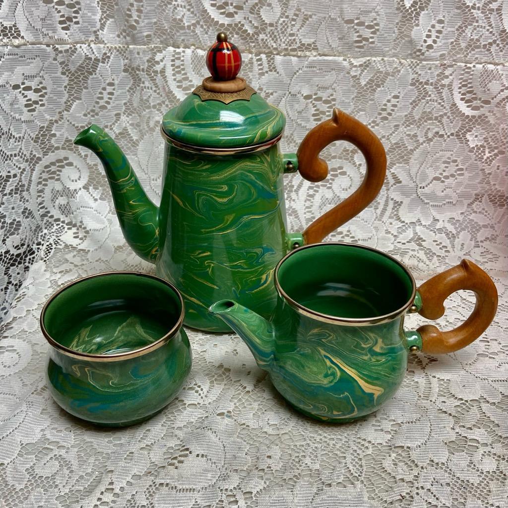 1995 Camp MacKenzie Childs Ltd., Green Marble Enamelware, 4pcTea or CampSet