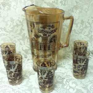 Vintage, 6-pc Set Blue Wilow-Carnival Glass Pitcher- 5Tumblers Juice Set