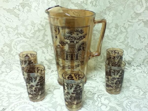 Vintage, 6-pc Set Blue Wilow-Carnival Glass Pitcher- 5Tumblers Juice Set