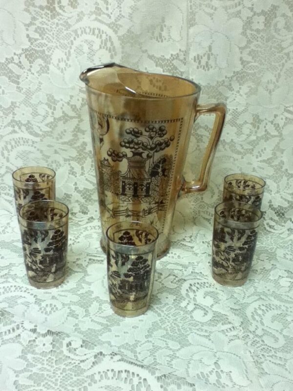 Vintage, 6-pc Set Blue Wilow-Carnival Glass Pitcher- 5Tumblers Juice Set