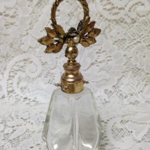 Art Deco, 6.5in Tall, 4-Sided Cut Glass Perfume Bottle with Gilded metal Lid