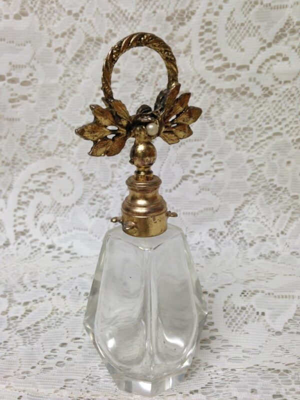 Art Deco, 6.5in Tall, 4-Sided Cut Glass Perfume Bottle with Gilded metal Lid