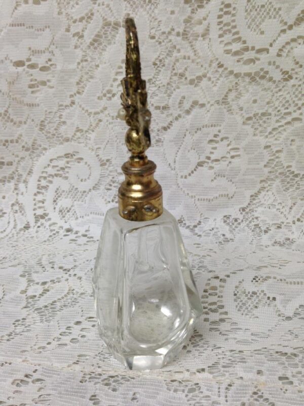 Art Deco, 6.5in Tall, 4-Sided Cut Glass Perfume Bottle with Gilded metal Lid