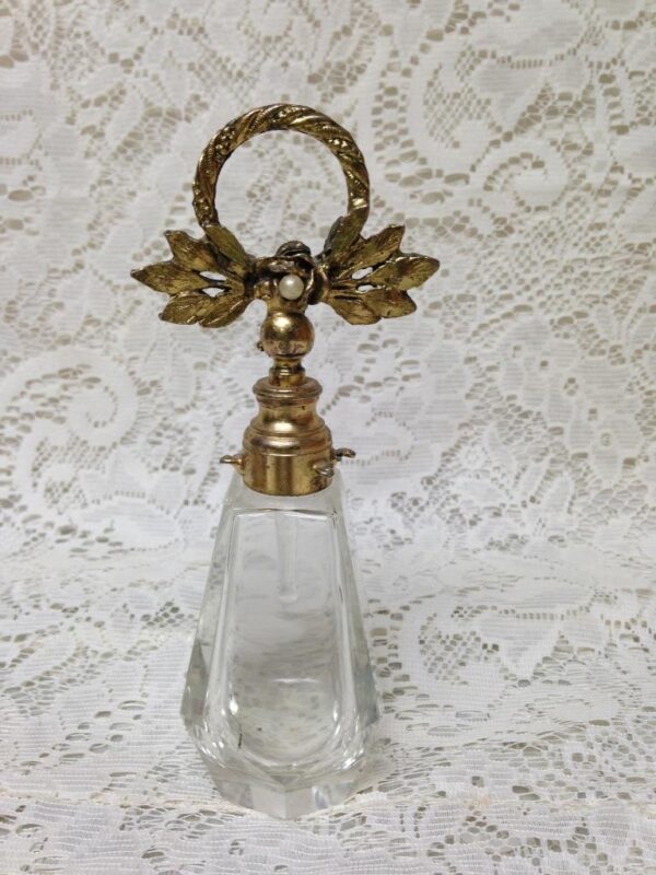 Art Deco, 6.5in Tall, 4-Sided Cut Glass Perfume Bottle with Gilded metal Lid