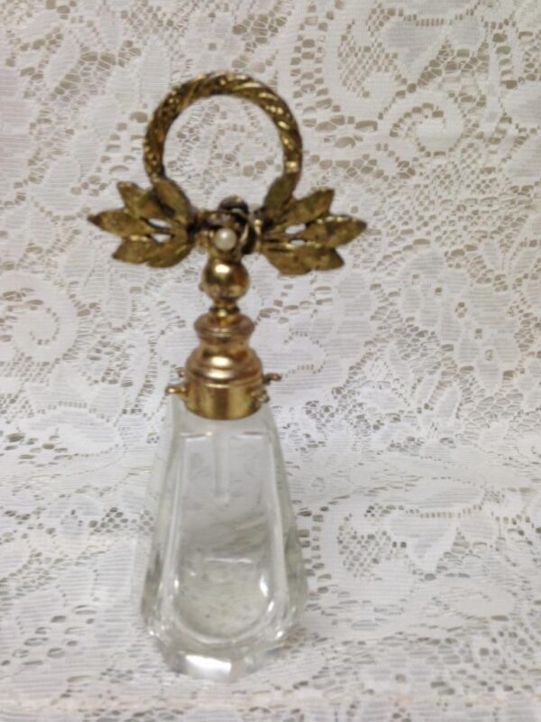 Art Deco, 6.5in Tall, 4-Sided Cut Glass Perfume Bottle with Gilded metal Lid