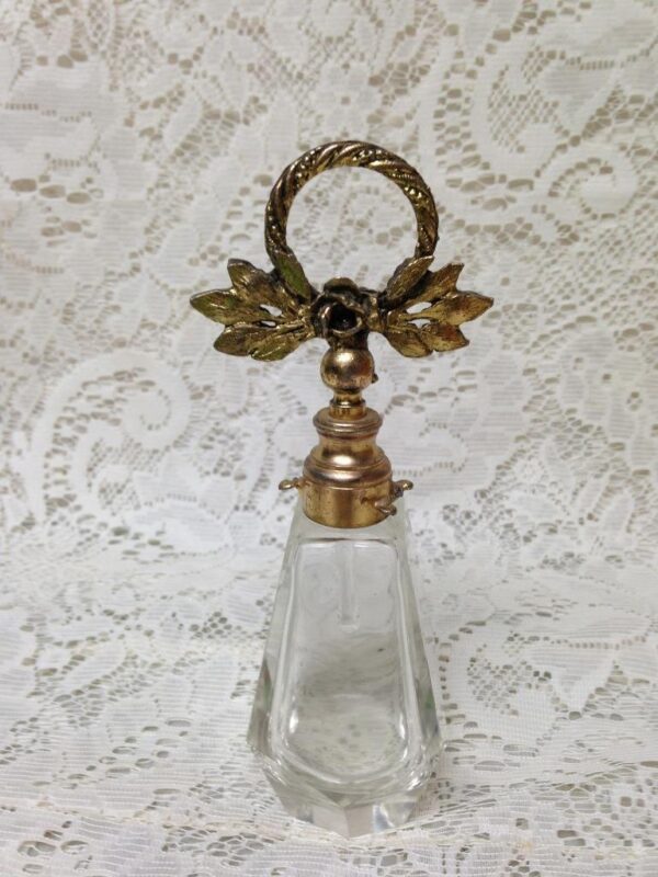 Art Deco, 6.5in Tall, 4-Sided Cut Glass Perfume Bottle with Gilded metal Lid