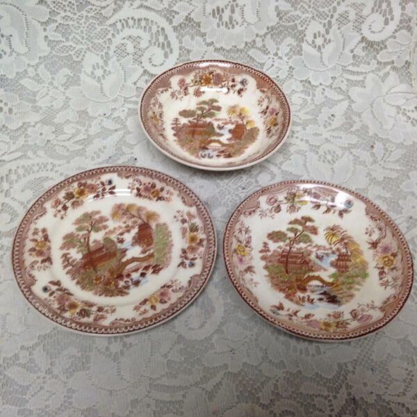 Vintage Brown Ritchie Oriental Gardens, Variant Gaudy Blue Willow 3pc Dinner Set