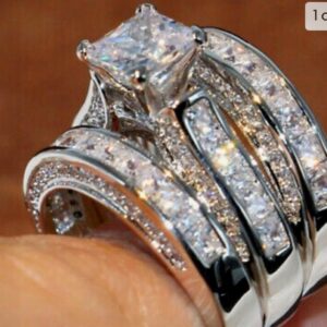 Elegant 3-pc CZ 925 Silver Engagement- Wedding Ring Set