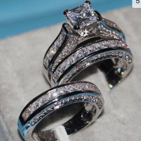 Elegant 3-pc CZ 925 Silver Engagement- Wedding Ring Set