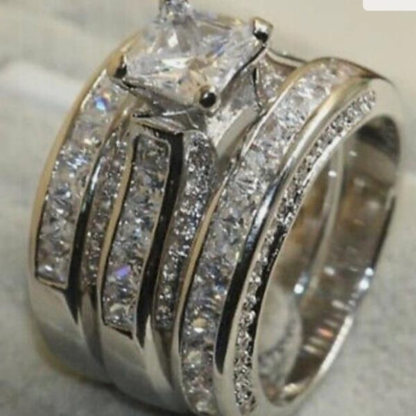 Elegant 3-pc CZ 925 Silver Engagement- Wedding Ring Set