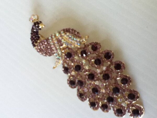 Stunning, 5in x 2in Peacock Amethyst Rhinestones Brooch-Pendant