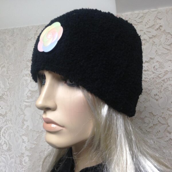 Fabulous Black Wooly Cloche' Turban -Flapper Style Hat with Camelia Ornament