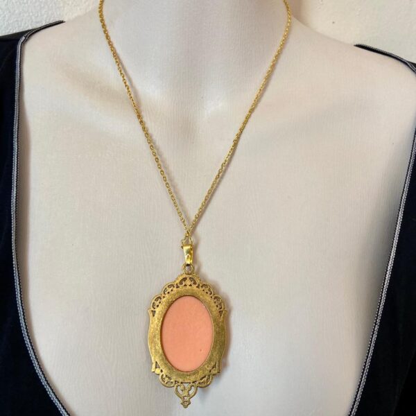 Vintage Pink Cameo of a Lady 18in Gold Plated Pendant Necklace